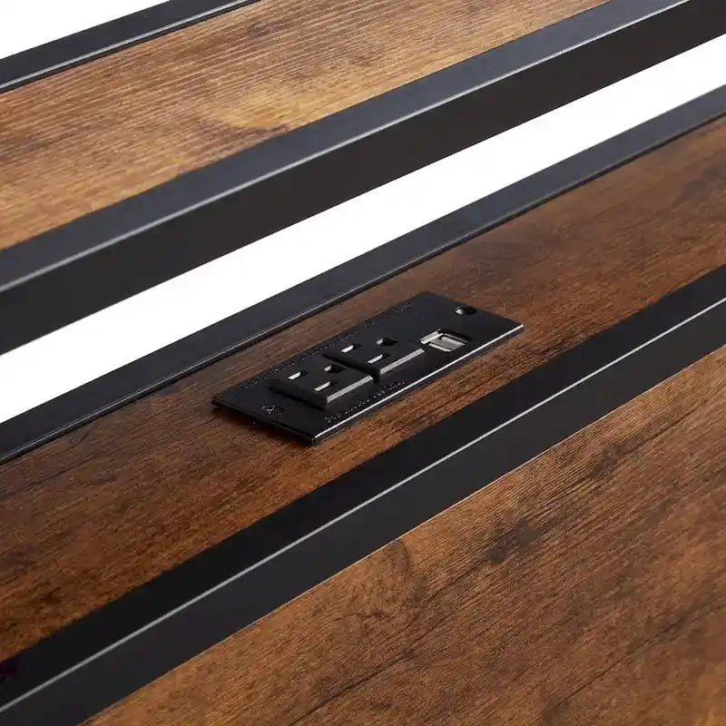 Cama de plataforma metálica tamaño King, marrón y negra, con luces LED, cabecero de madera y 2 cajones de almacenamiento