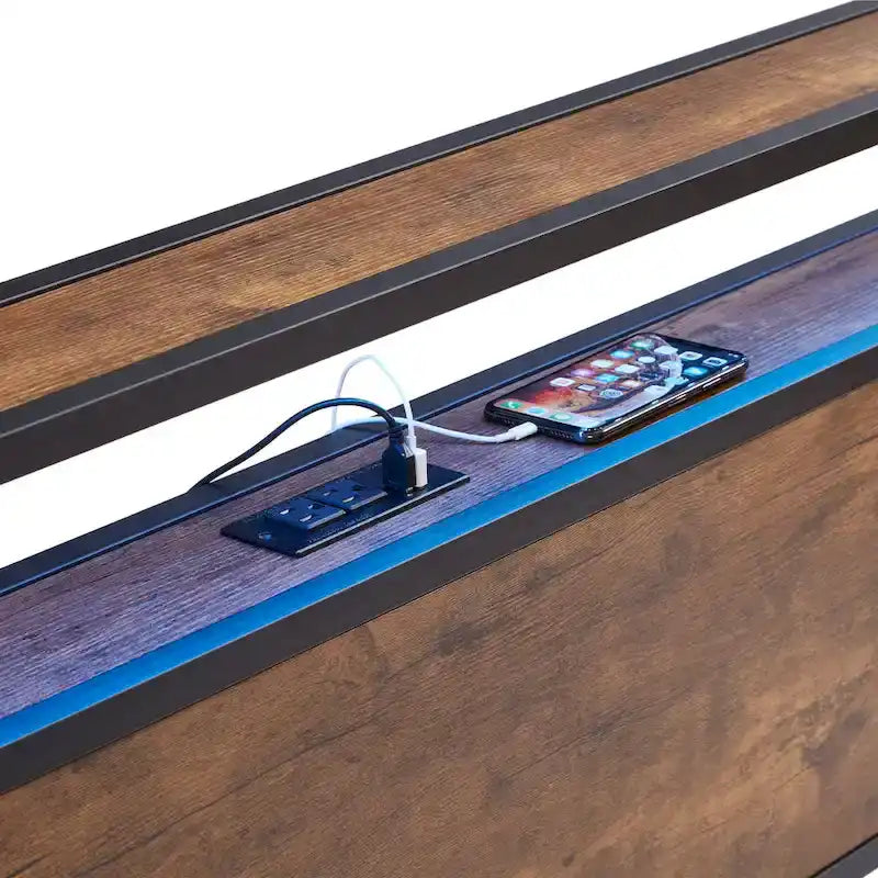 Cama de plataforma metálica tamaño King, marrón y negra, con luces LED, cabecero de madera y 2 cajones de almacenamiento