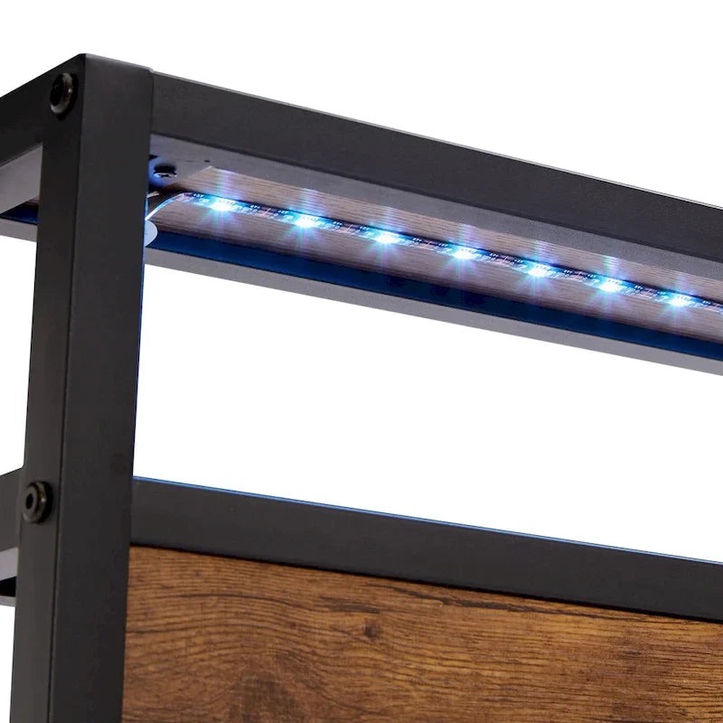 Cama de plataforma metálica tamaño King, marrón y negra, con luces LED, cabecero de madera y 2 cajones de almacenamiento