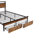 Cama de plataforma metálica tamaño King, marrón y negra, con luces LED, cabecero de madera y 2 cajones de almacenamiento