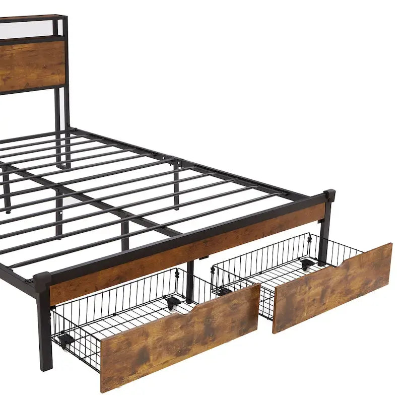Cama de plataforma metálica tamaño King, marrón y negra, con luces LED, cabecero de madera y 2 cajones de almacenamiento