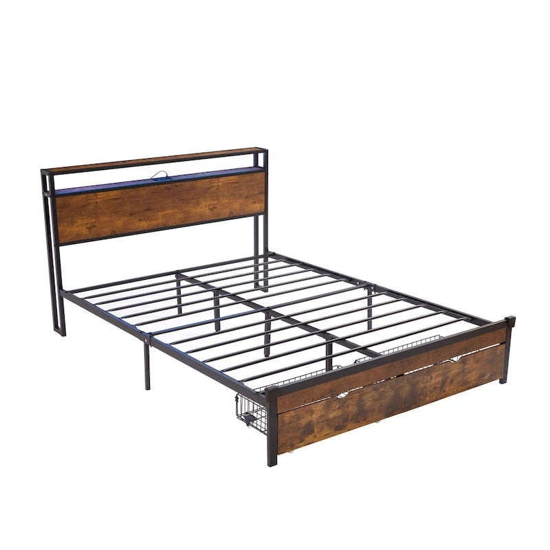 Cama de plataforma metálica tamaño King, marrón y negra, con luces LED, cabecero de madera y 2 cajones de almacenamiento