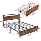 Cama de plataforma metálica tamaño King, marrón y negra, con luces LED, cabecero de madera y 2 cajones de almacenamiento