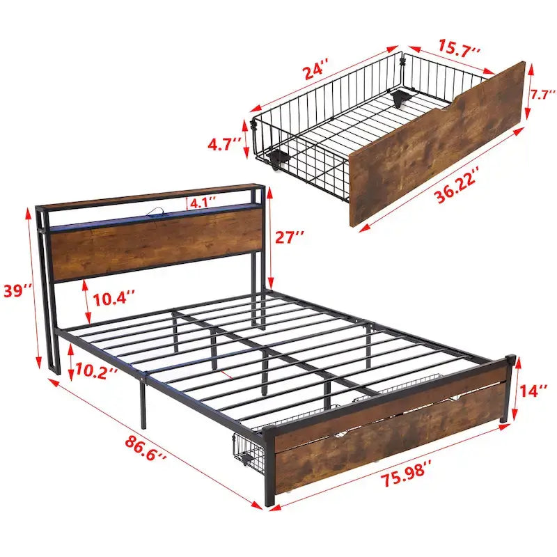 Cama de plataforma metálica tamaño King, marrón y negra, con luces LED, cabecero de madera y 2 cajones de almacenamiento