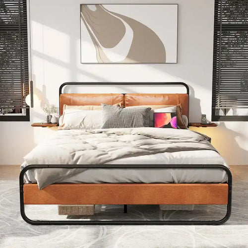Cama Plataforma Tapizada King Size Marrón Antiguo con Luz LED y Cargador Incorporado, para 2 personas