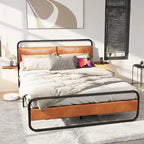 Cama Plataforma Tapizada King Size Marrón Antiguo con Luz LED y Cargador Incorporado, para 2 personas