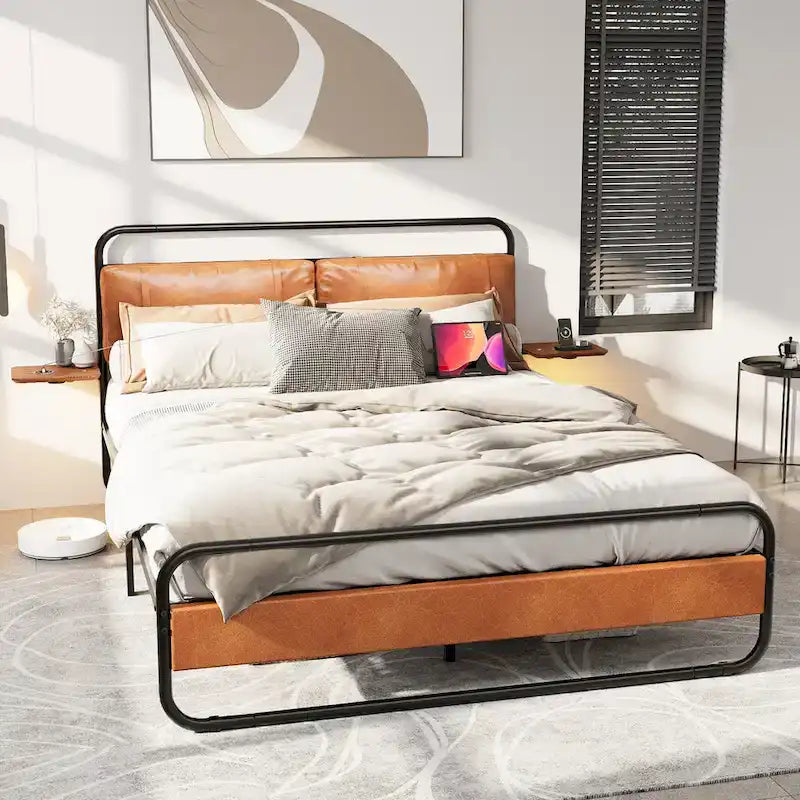 Cama Plataforma Tapizada King Size Marrón Antiguo con Luz LED y Cargador Incorporado, para 2 personas