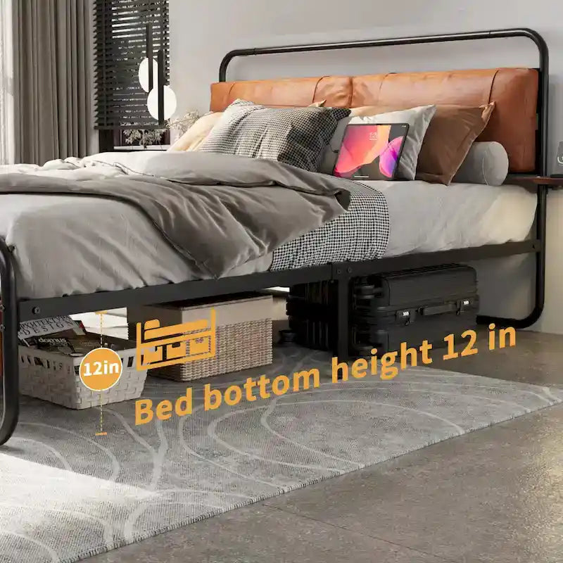 Cama Plataforma Tapizada King Size Marrón Antiguo con Luz LED y Cargador Incorporado, para 2 personas