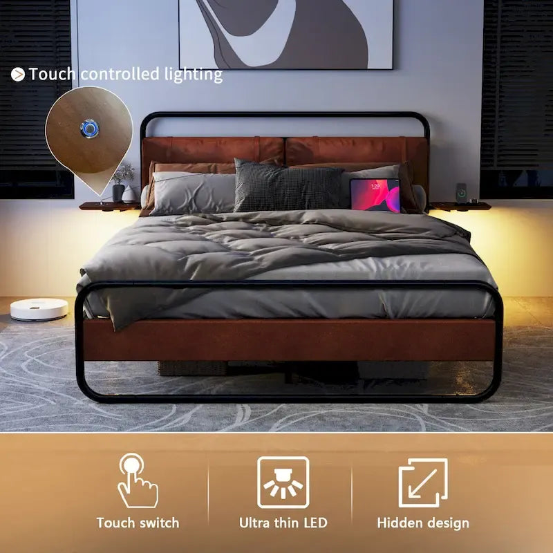 Cama Plataforma Tapizada King Size Marrón Antiguo con Luz LED y Cargador Incorporado, para 2 personas