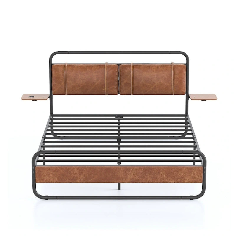 Cama Plataforma Tapizada King Size Marrón Antiguo con Luz LED y Cargador Incorporado, para 2 personas