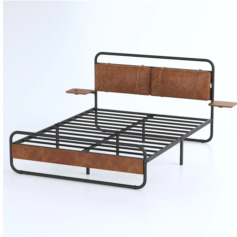 Cama Plataforma Tapizada King Size Marrón Antiguo con Luz LED y Cargador Incorporado, para 2 personas