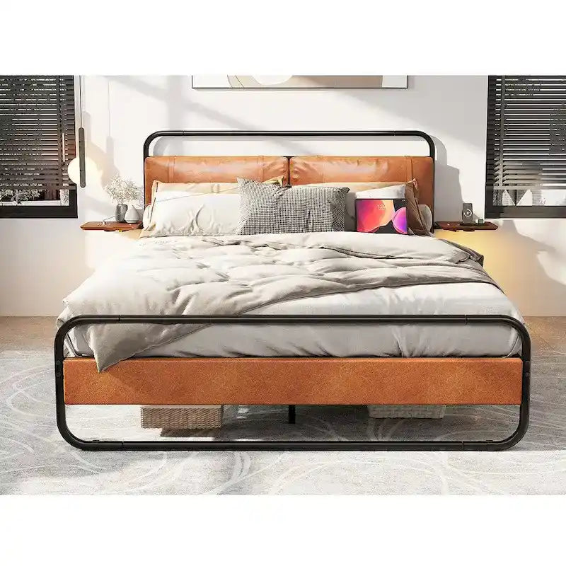 Cama Plataforma Tapizada King Size Marrón Antiguo con Luz LED y Cargador Incorporado, para 2 personas