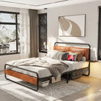 Cama Plataforma Tapizada King Size Marrón Antiguo con Luz LED y Cargador Incorporado, para 2 personas