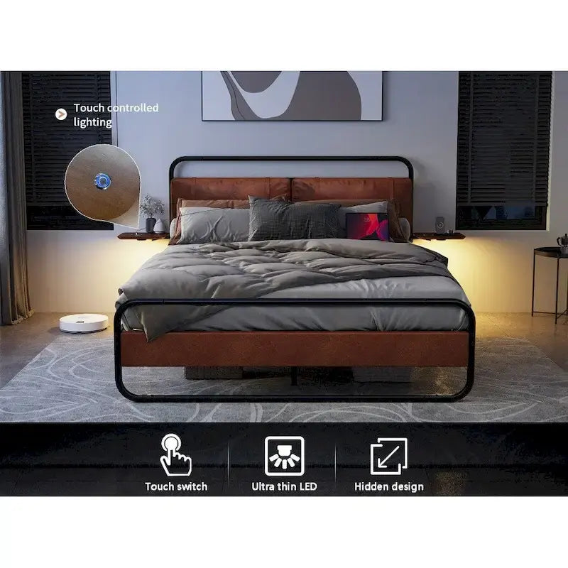 Cama Plataforma Tapizada King Size Marrón Antiguo con Luz LED y Cargador Incorporado, para 2 personas