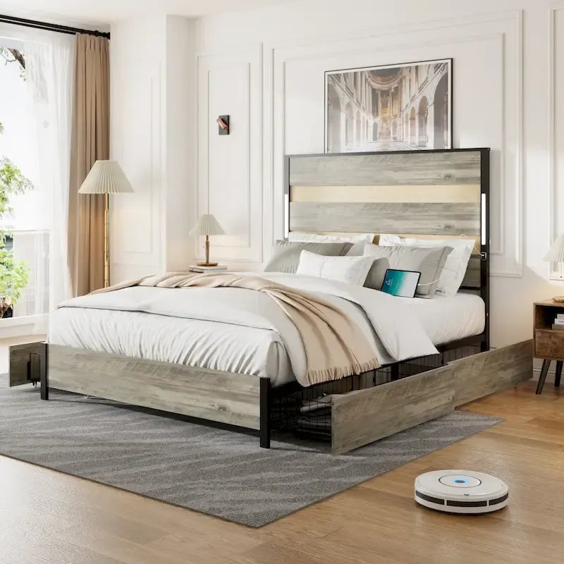 Cama Plataforma Queen Gris Antiguo con Cabecero LED, Carga USB y 4 Cajones de Almacenamiento – Capacidad para 1-2 Personas