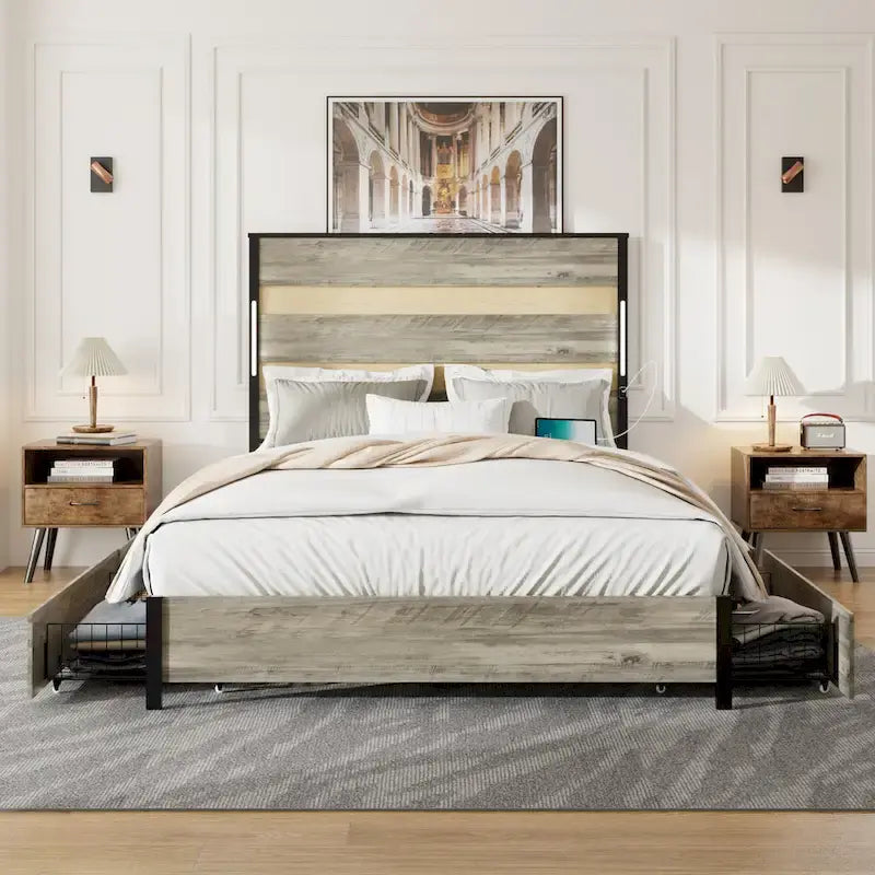 Cama Plataforma Queen Gris Antiguo con Cabecero LED, Carga USB y 4 Cajones de Almacenamiento – Capacidad para 1-2 Personas
