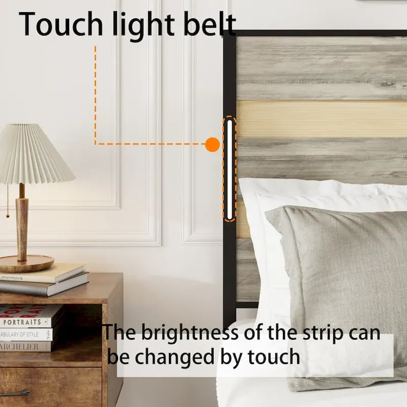 Cama Plataforma Queen Gris Antiguo con Cabecero LED, Carga USB y 4 Cajones de Almacenamiento – Capacidad para 1-2 Personas