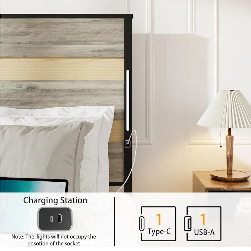 Cama Plataforma Queen Gris Antiguo con Cabecero LED, Carga USB y 4 Cajones de Almacenamiento – Capacidad para 1-2 Personas