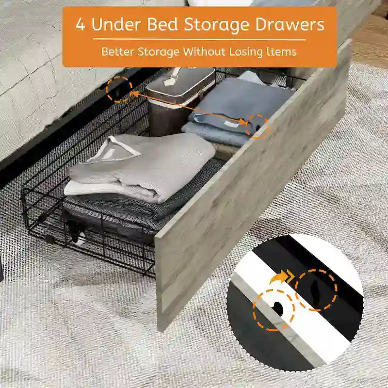 Cama Plataforma Queen Gris Antiguo con Cabecero LED, Carga USB y 4 Cajones de Almacenamiento – Capacidad para 1-2 Personas