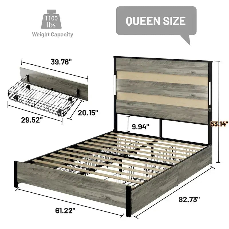 Cama Plataforma Queen Gris Antiguo con Cabecero LED, Carga USB y 4 Cajones de Almacenamiento – Capacidad para 1-2 Personas