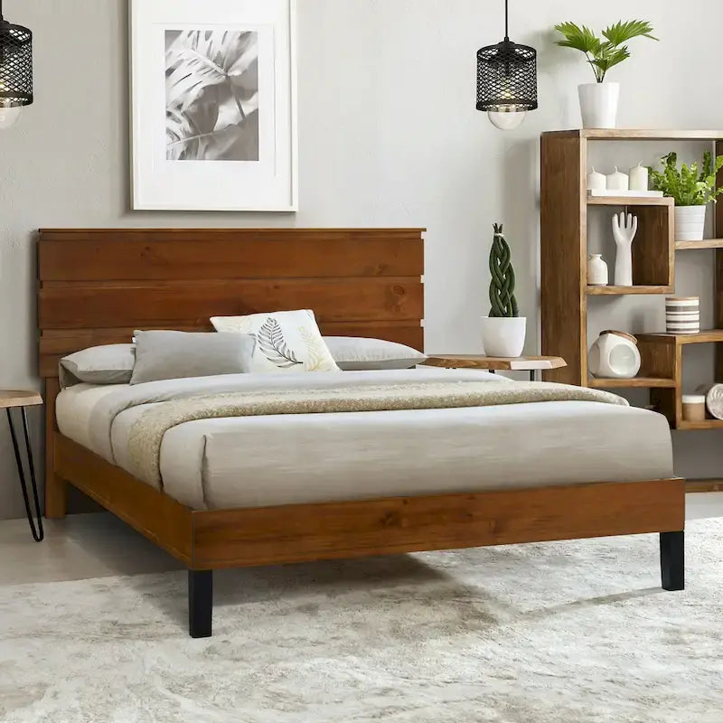 Cama King tipo plataforma, marrón, de estilo moderno de mediados de siglo, 1 persona