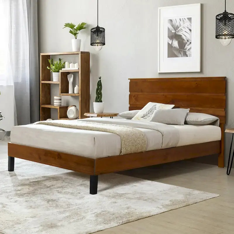Cama King tipo plataforma, marrón, de estilo moderno de mediados de siglo, 1 persona