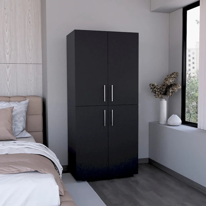 Armario ropero de 4 puertas blanco/negro con 6 estantes y 2 barras para colgar