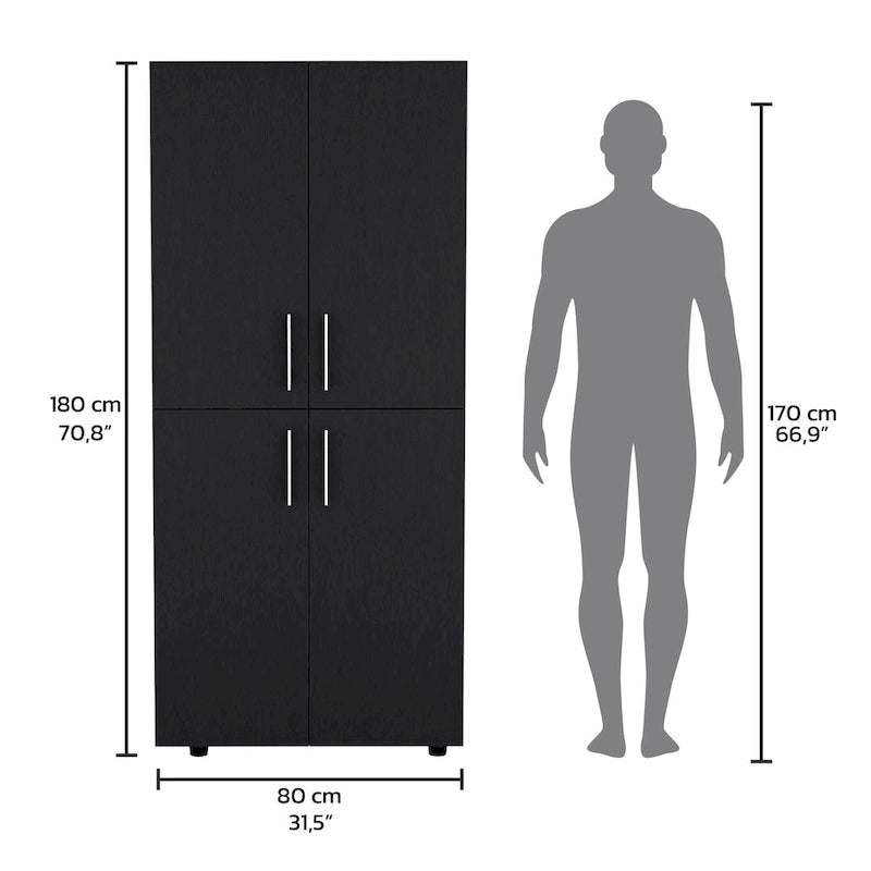 Armario ropero de 4 puertas blanco/negro con 6 estantes y 2 barras para colgar
