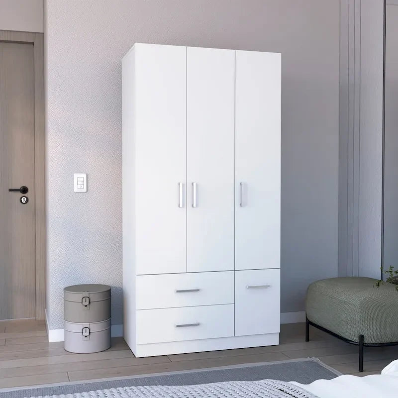 Armario moderno de 3 puertas blanco/negro con barra para colgar, 2 cajones y 5 estantes