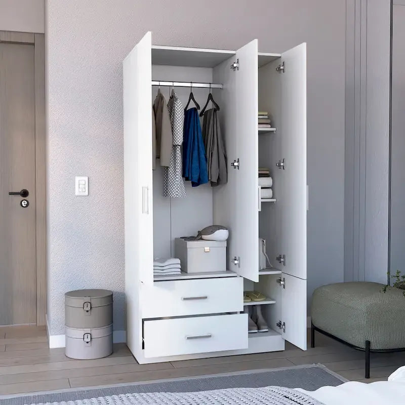 Armario moderno de 3 puertas blanco/negro con barra para colgar, 2 cajones y 5 estantes