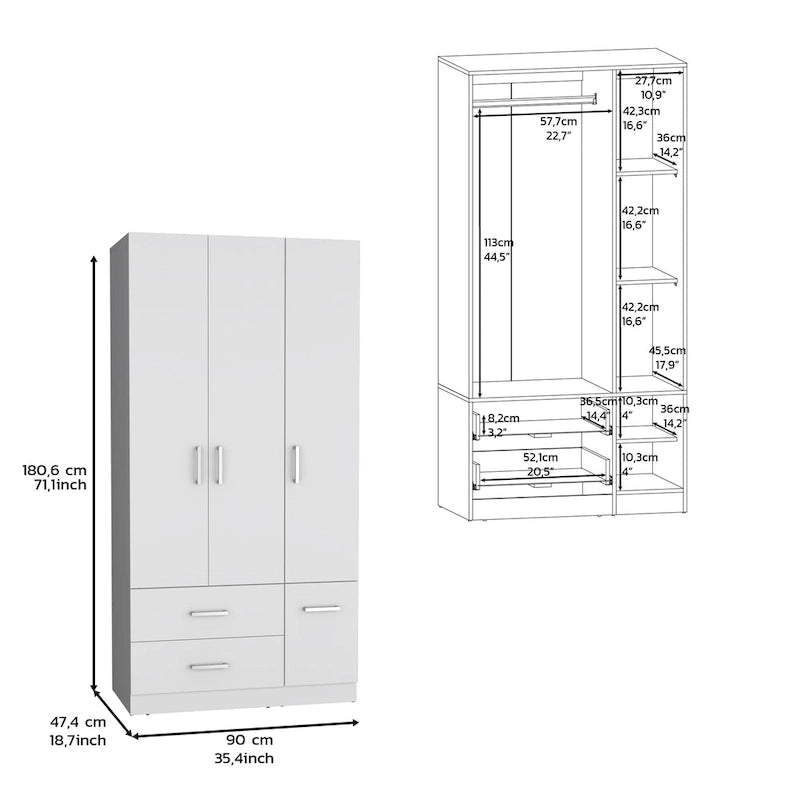 Armario moderno de 3 puertas blanco/negro con barra para colgar, 2 cajones y 5 estantes