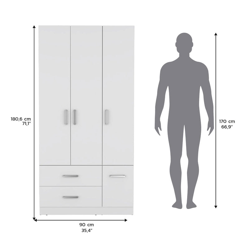 Armario moderno de 3 puertas blanco/negro con barra para colgar, 2 cajones y 5 estantes