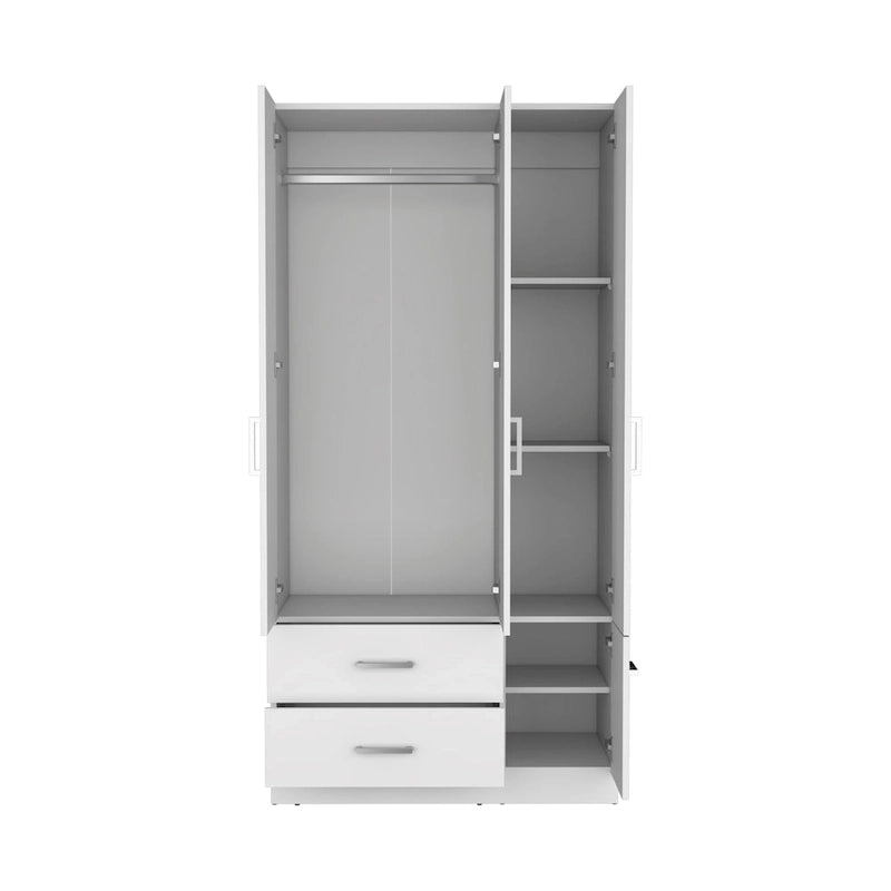 Armario moderno de 3 puertas blanco/negro con barra para colgar, 2 cajones y 5 estantes