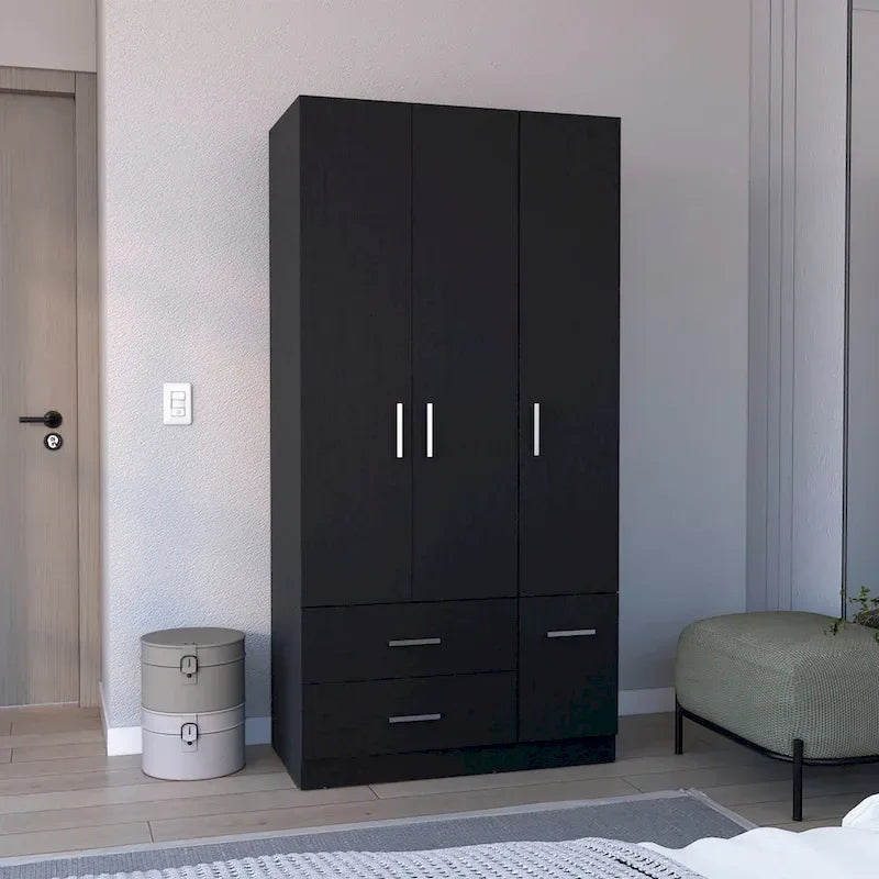 Armario moderno de 3 puertas blanco/negro con barra para colgar, 2 cajones y 5 estantes