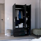 Armario moderno de 3 puertas blanco/negro con barra para colgar, 2 cajones y 5 estantes