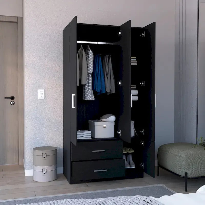 Armario moderno de 3 puertas blanco/negro con barra para colgar, 2 cajones y 5 estantes