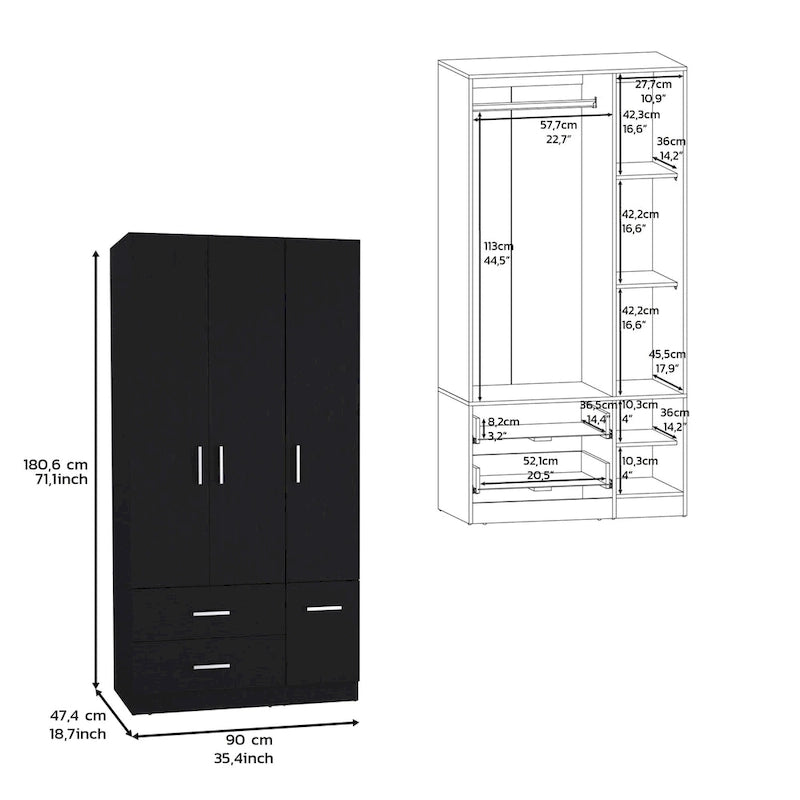 Armario moderno de 3 puertas blanco/negro con barra para colgar, 2 cajones y 5 estantes
