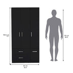 Armario moderno de 3 puertas blanco/negro con barra para colgar, 2 cajones y 5 estantes