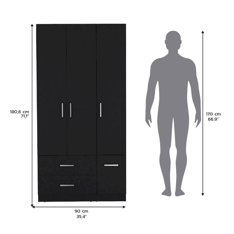 Armario moderno de 3 puertas blanco/negro con barra para colgar, 2 cajones y 5 estantes