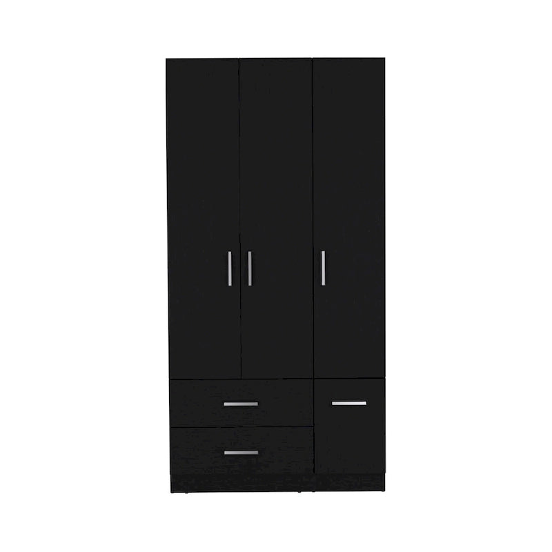 Armario moderno de 3 puertas blanco/negro con barra para colgar, 2 cajones y 5 estantes
