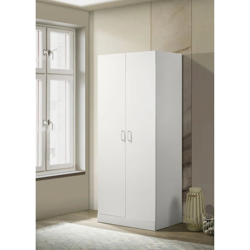 19 Modern Double-door Armoire with Storage Shelf and Hanging Rod for Bedroom