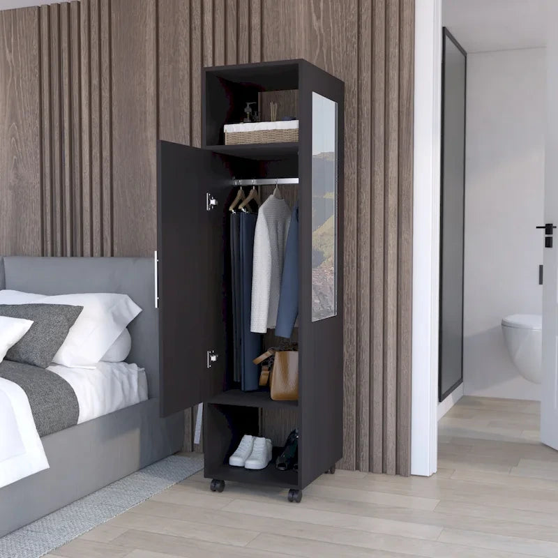 Armario/Ropero Espejado en Blanco/Negro con Estantes, Barra para Colgar y Ruedas – 1 Persona