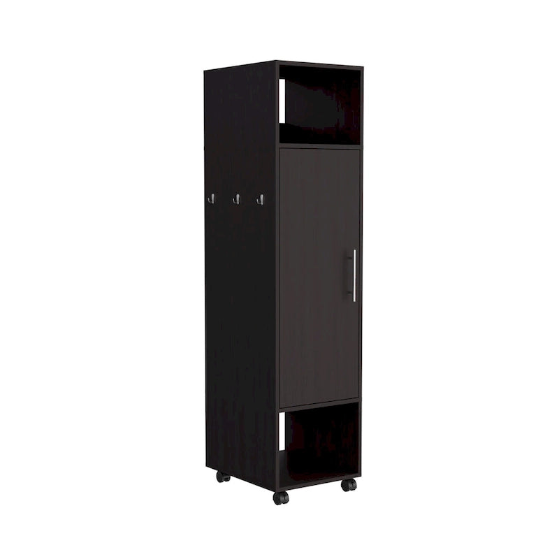 Armario/Ropero Espejado en Blanco/Negro con Estantes, Barra para Colgar y Ruedas – 1 Persona