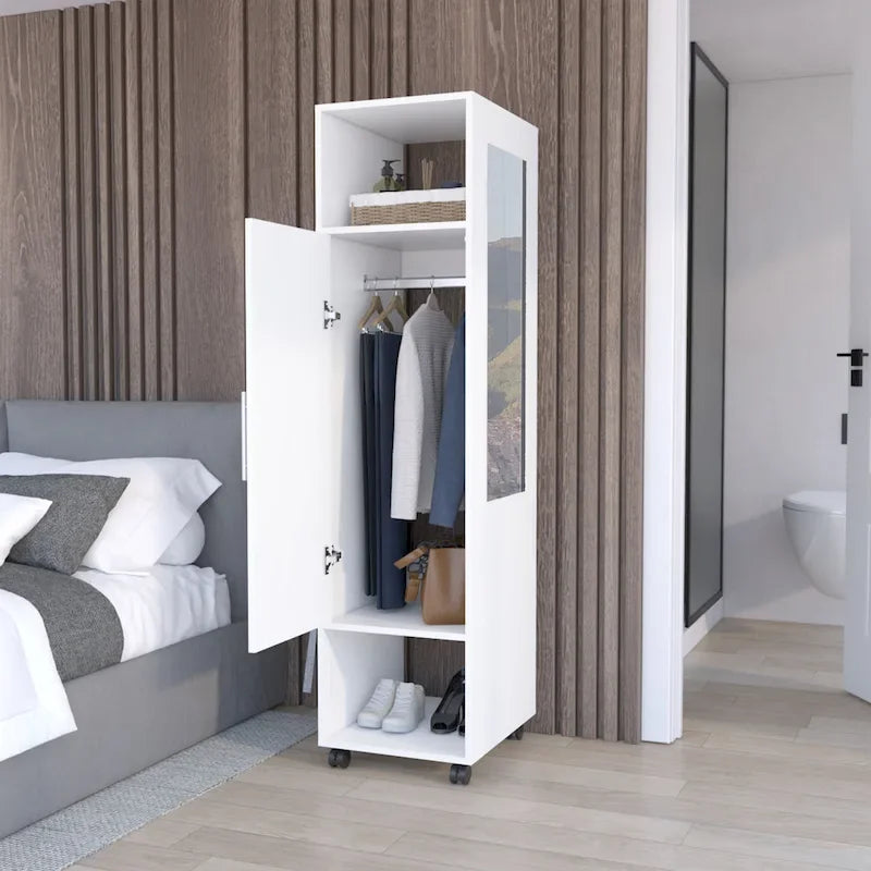 Armario/Ropero Espejado en Blanco/Negro con Estantes, Barra para Colgar y Ruedas – 1 Persona