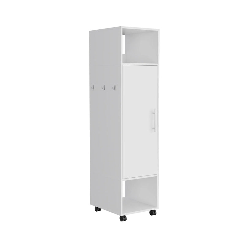 Armario/Ropero Espejado en Blanco/Negro con Estantes, Barra para Colgar y Ruedas – 1 Persona