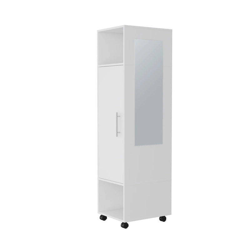 Armario/Ropero Espejado en Blanco/Negro con Estantes, Barra para Colgar y Ruedas – 1 Persona
