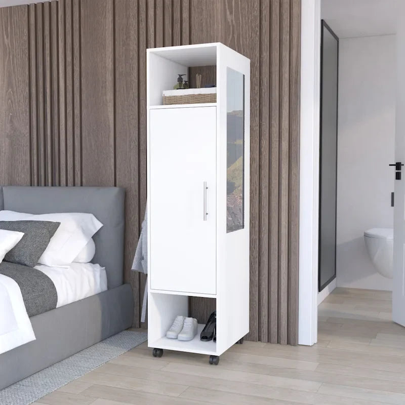 Armario/Ropero Espejado en Blanco/Negro con Estantes, Barra para Colgar y Ruedas – 1 Persona