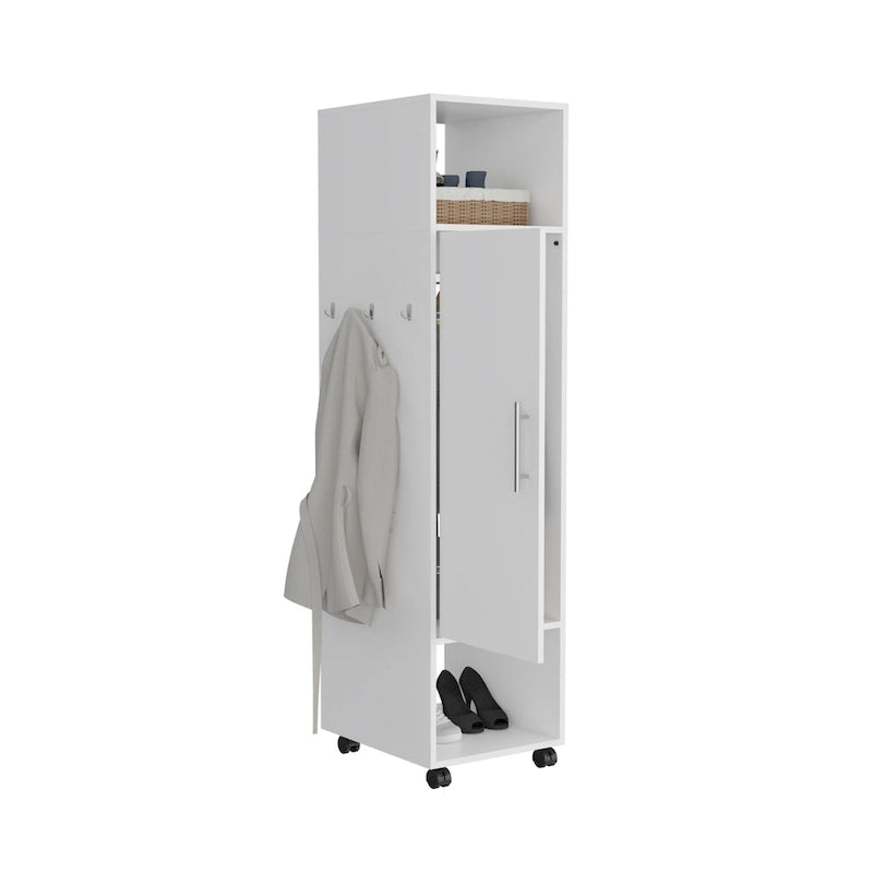Armario/Ropero Espejado en Blanco/Negro con Estantes, Barra para Colgar y Ruedas – 1 Persona