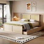 Cama Queen de Plataforma Antigua Natural con Cabecero de Ratán y 4 Cajones – Capacidad para 2 personas