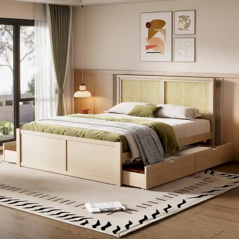 Cama Queen de Plataforma Antigua Natural con Cabecero de Ratán y 4 Cajones – Capacidad para 2 personas